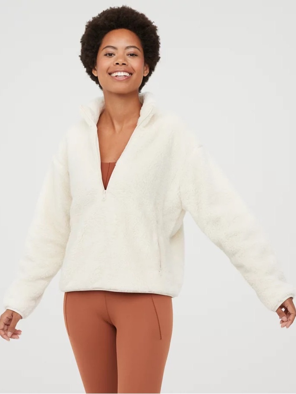 Aerie fluffy Sherpa Cozy quarter Zip Faux Fur Pullover Jacket toasted coconut xl - Picture 2 of 5